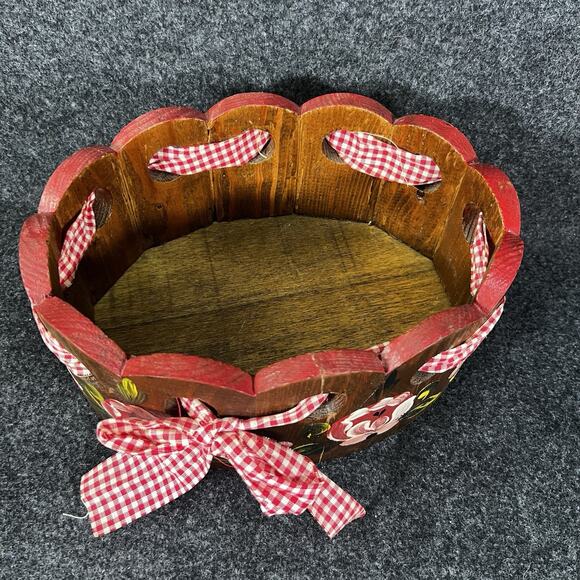 Vintage Wooden Hand Painted Basket Cottagecore Flower Decor Ribbon - Picture 2 of 7